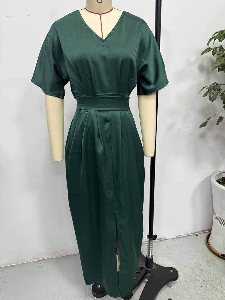 Women Clothing Early Autumn Satin Dress Ball Gown Satin Waist Tight Maxi Dress - Modestly Vogue 
