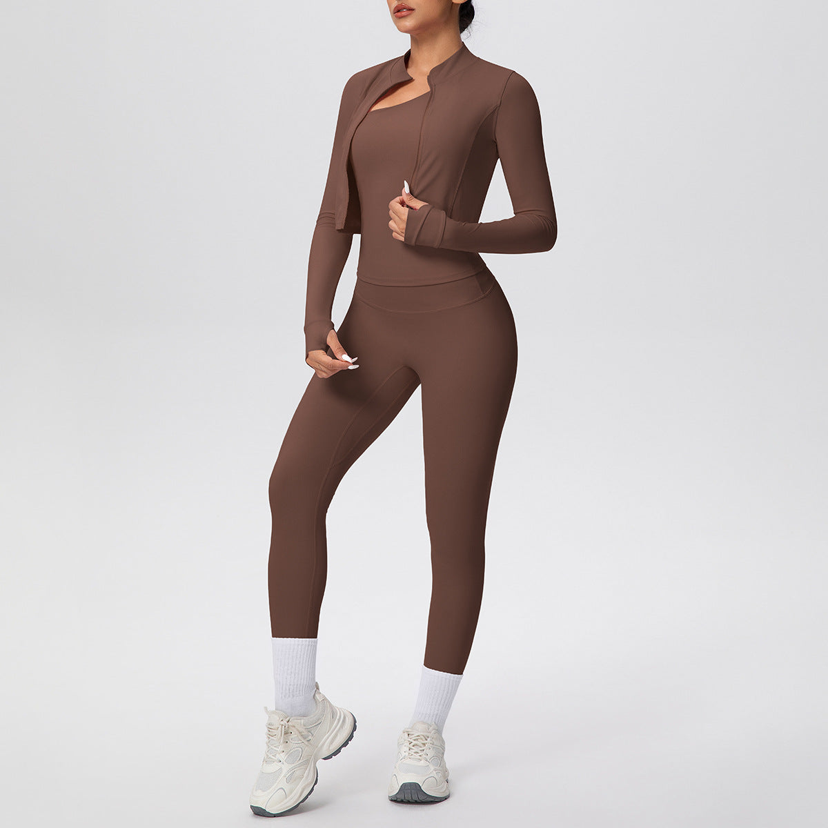Women Solid Color Zip Long Sleeve Three Piece Yoga Set - Modestly Vogue 