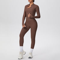 Women Solid Color Zip Long Sleeve Three Piece Yoga Set - Modestly Vogue 