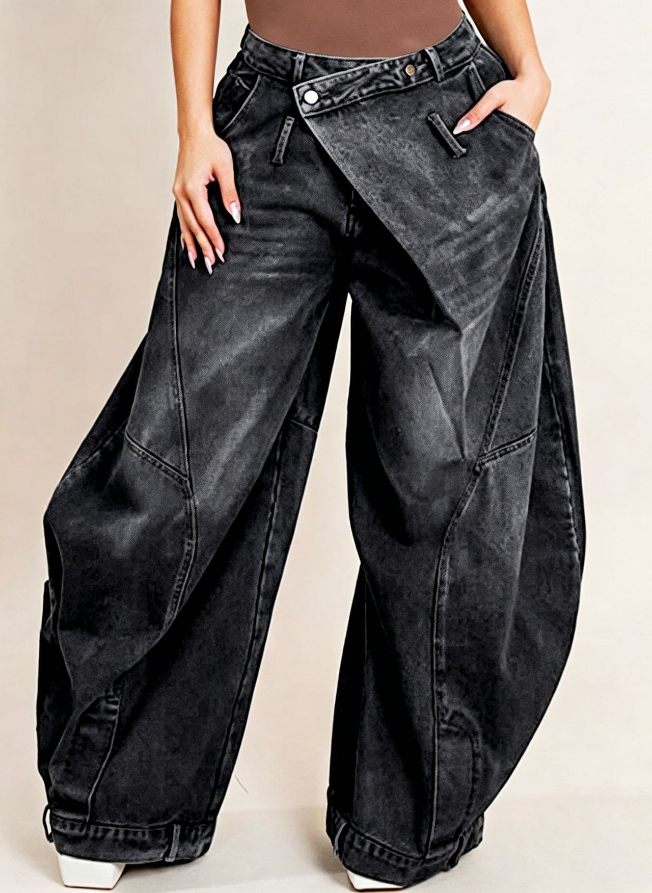 Washed Distressed Pocket Wide Loose Jeans Women