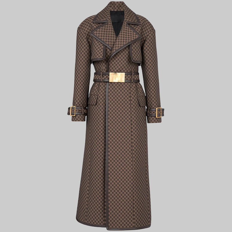 Autumn Winter Star Belt Jacquard Maze Pattern Long Trench Coat