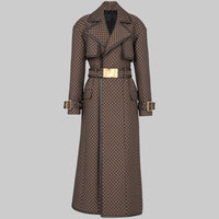 Autumn Winter Star Belt Jacquard Maze Pattern Long Trench Coat