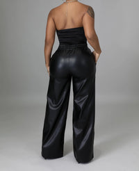 Women Clothing Solid Color Loose Wide Leg Pocket Faux Leather Pants - Modestly Vogue 