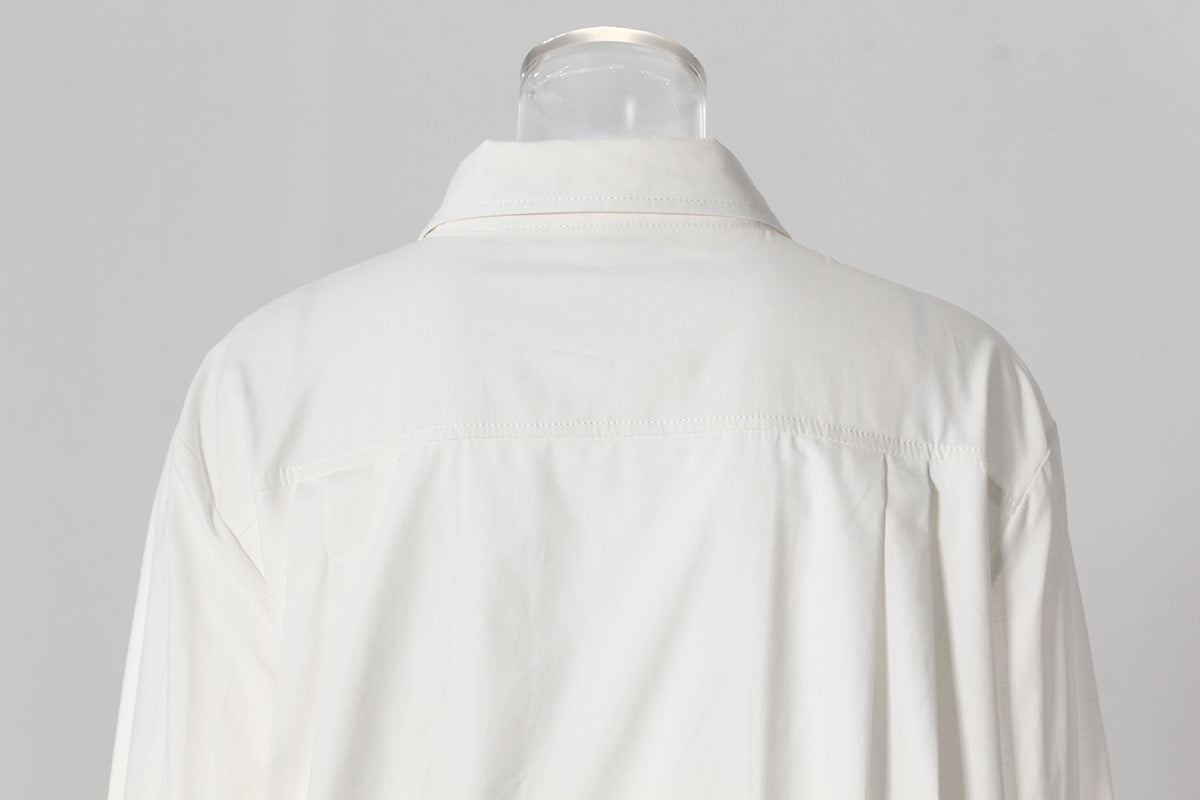 Pleated Waist Belted Mid-Length Shirt – White Casual Fashion Top - Modestly Vogue 