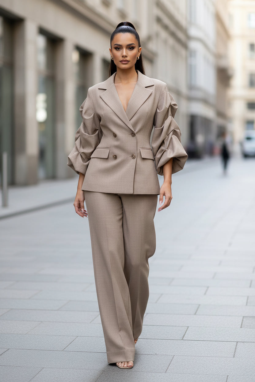 Office Casual Large Collared Pleated Sleeves Work Pant Two Piece Sets - Modestly Vogue 