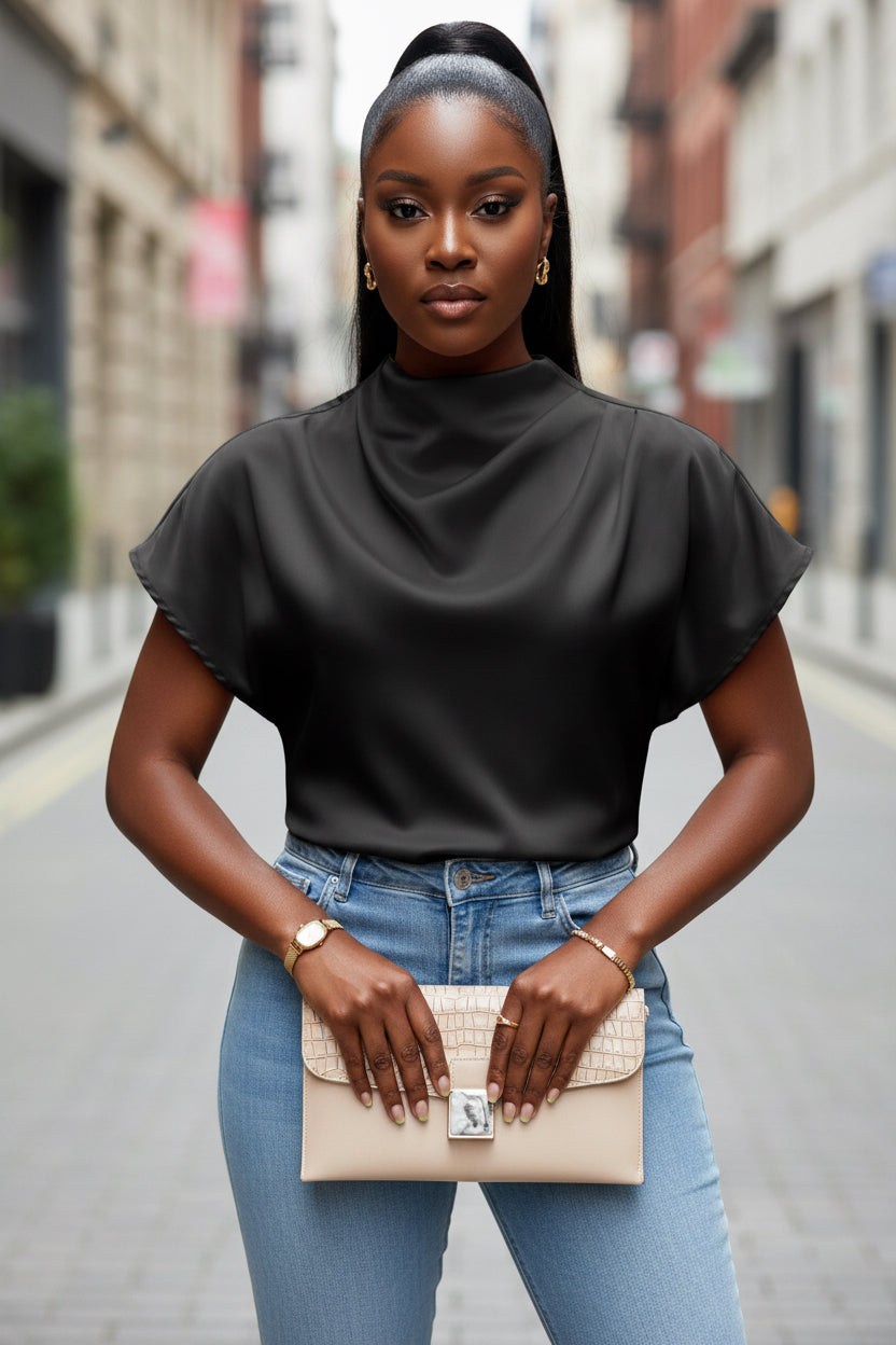 Women’s Pleated Satin Top – Round Neck Short Sleeve Blouse - Modestly Vogue 