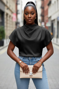 Women’s Pleated Satin Top – Round Neck Short Sleeve Blouse - Modestly Vogue 
