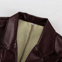 Spring Autumn Retro Green Fruit Collar with Belt Leather Coat High Waist Leather Pants Set for Women - Modestly Vogue 