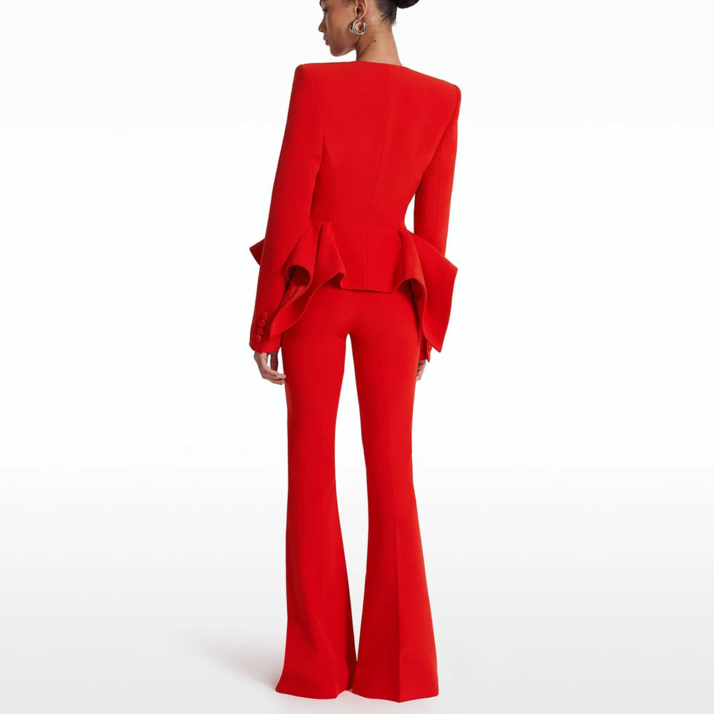 Red Tailored Peplum Jacket Bootcut Two Piece Pant Set Suit - Modestly Vogue 