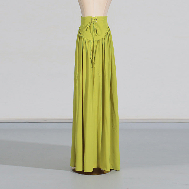 Lantern Sleeve Tied Top High Waist Drooping Skirt Two Piece Clothing - Modestly Vogue 