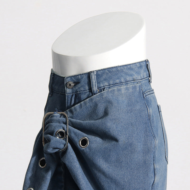 Blue Trendy Big Leaves Gold Accessories Stitching High Waist Wide Leg Jeans Women - Modestly Vogue 