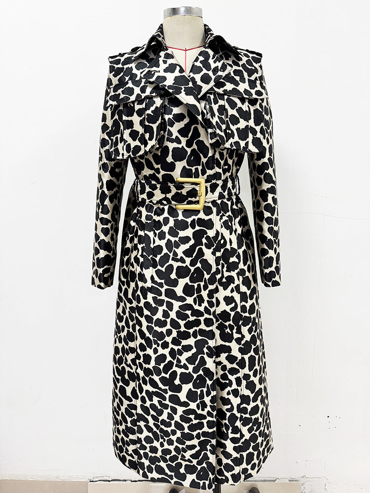 Belt Leopard Jacquard Long Trench Coat | Statement Outerwear - Modestly Vogue 