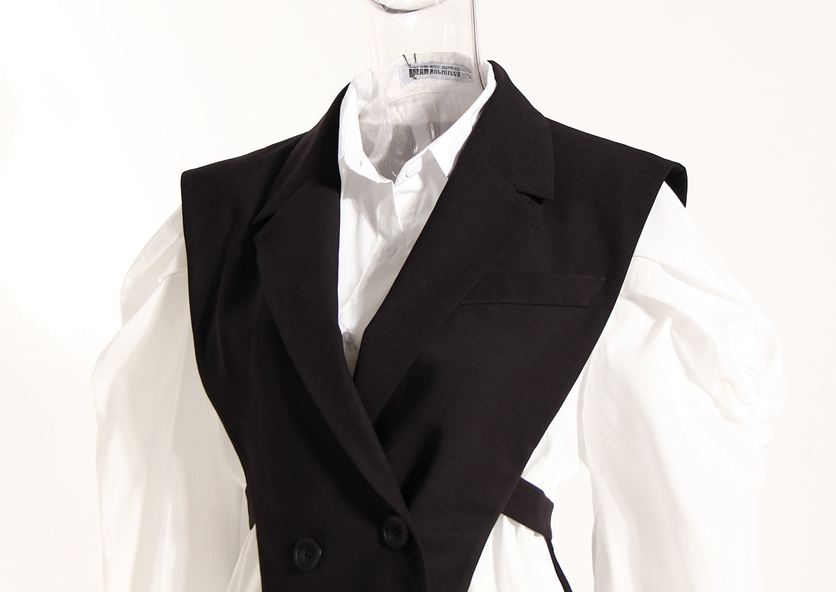 Black Elegant Outfit Slimming Puff Sleeve White Shirt Waist Trimming Lace up Two Piece Vest Set