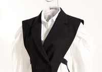 Black Elegant Outfit Slimming Puff Sleeve White Shirt Waist Trimming Lace up Two Piece Vest Set