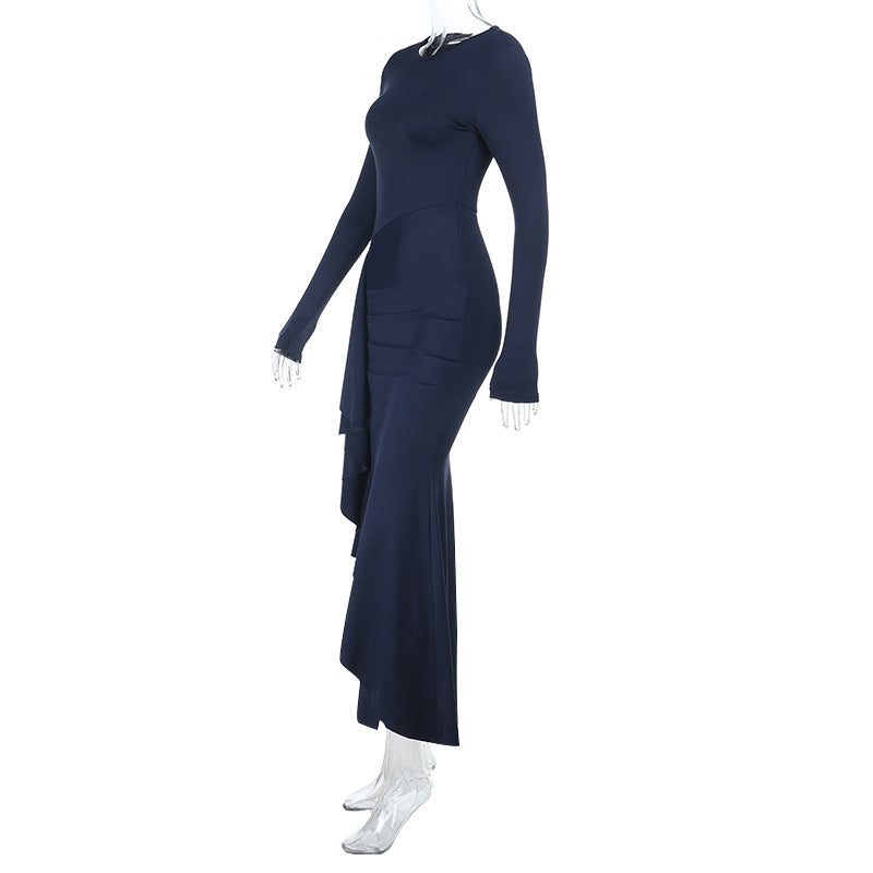Private Wear Socialite Long Sleeve Thin Strap Slim Dress Autumn Winter Ruffled Maxi Dress - Modestly Vogue 