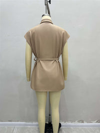 Collar Leather High Grade Sleeveless Lace up Waist Double Pocket Velvet Vest Jacket Coat - Modestly Vogue 