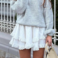 Women Clothing Fresh Sweet All Matching White Short Skirt Lace Stitching Design High Waist Cake Skirt - Modestly Vogue 