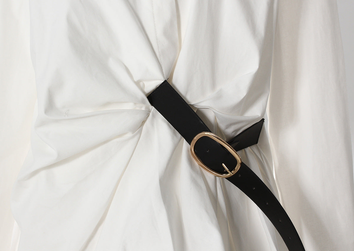 Pleated Waist Belted Mid-Length Shirt – White Casual Fashion Top - Modestly Vogue 