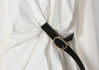 Pleated Waist Belted Mid-Length Shirt – White Casual Fashion Top - Modestly Vogue 