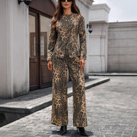 Washed Leopard Print Denim Long Sleeve Top Set for Women