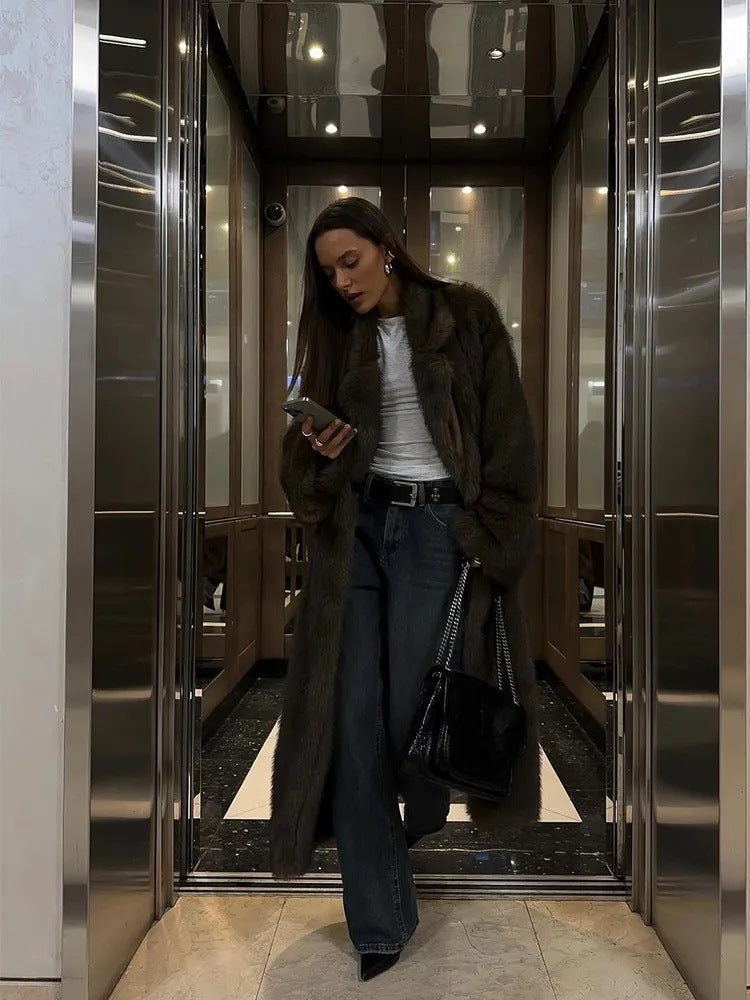 Luxury Faux Fur Coat – Brown Fluffy Long Winter Coat