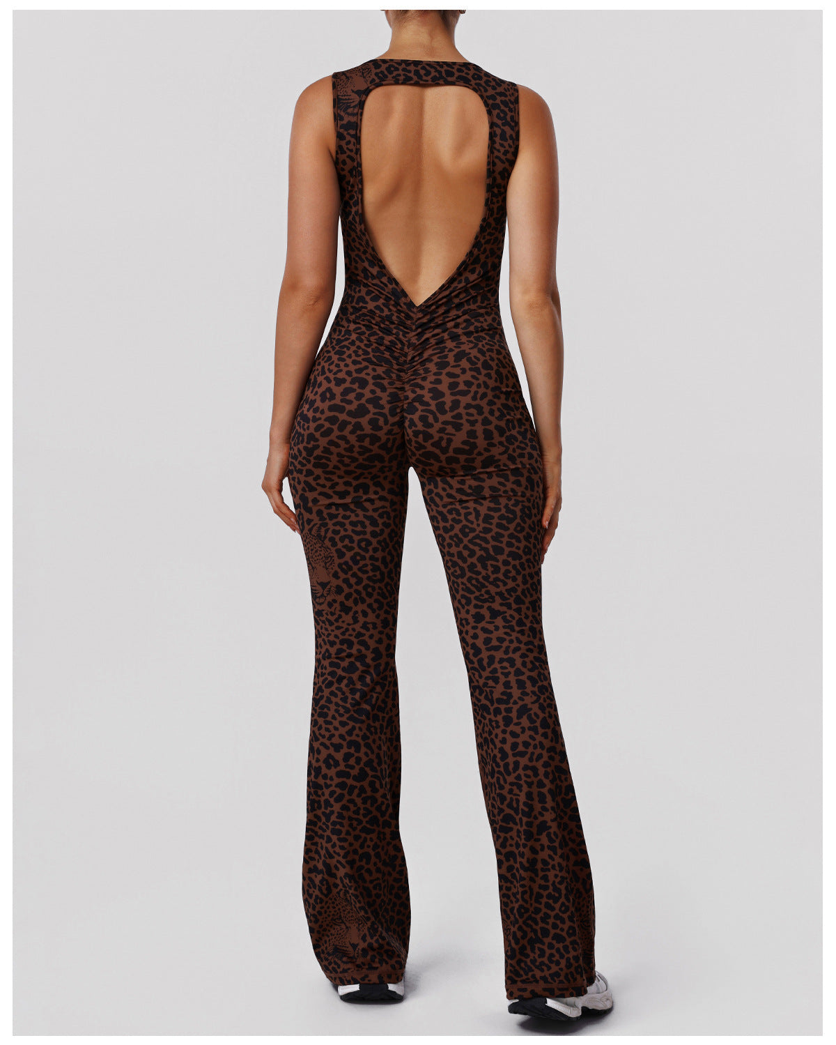 Leopard Print Hip Lifting Jumpsuit Backless Yoga Bodysuit Casual Sportswear with Chest Pad - Modestly Vogue 