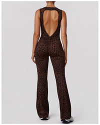 Leopard Print Hip Lifting Jumpsuit Backless Yoga Bodysuit Casual Sportswear with Chest Pad - Modestly Vogue 