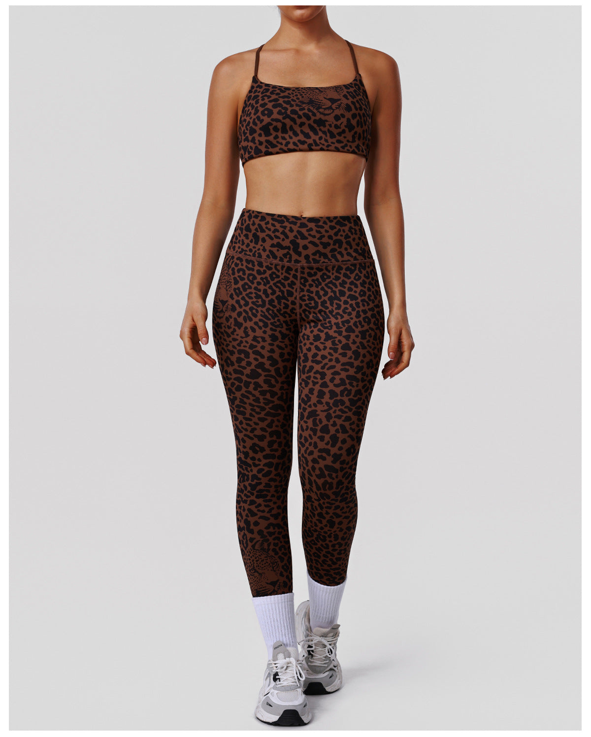 Leopard Print Tight Yoga Women High Waist Hip Raise Pants Thin Strap Beauty Back Exercise Bra Fitness Two Piece Sets - Modestly Vogue 
