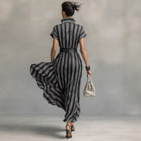 Elegant Women Clothing with Belt Short Sleeve Striped Shirt Dress - Modestly Vogue 