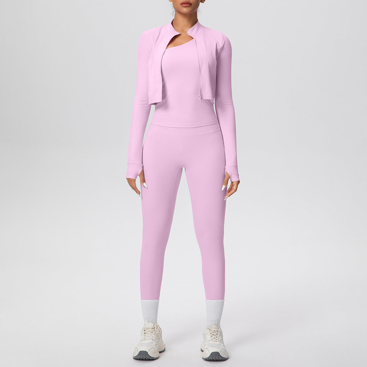 Women Solid Color Zip Long Sleeve Three Piece Yoga Set - Modestly Vogue 