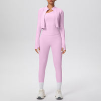 Women Solid Color Zip Long Sleeve Three Piece Yoga Set - Modestly Vogue 