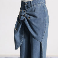 Blue Trendy Big Leaves Gold Accessories Stitching High Waist Wide Leg Jeans Women - Modestly Vogue 