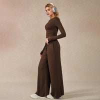Women Two Piece Set Brown Long Sleeve Short Cropped Top Wide Leg Casual Pants Comfortable - Modestly Vogue 