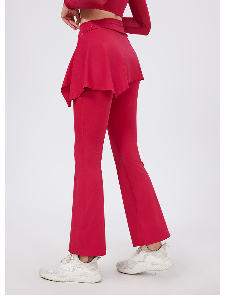 Two-Piece Yoga Set | High-Waist Pleated Bell Bottom Pants And Detachable Skirt - Modestly Vogue 