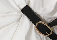 Pleated Waist Belted Mid-Length Shirt – White Casual Fashion Top - Modestly Vogue 