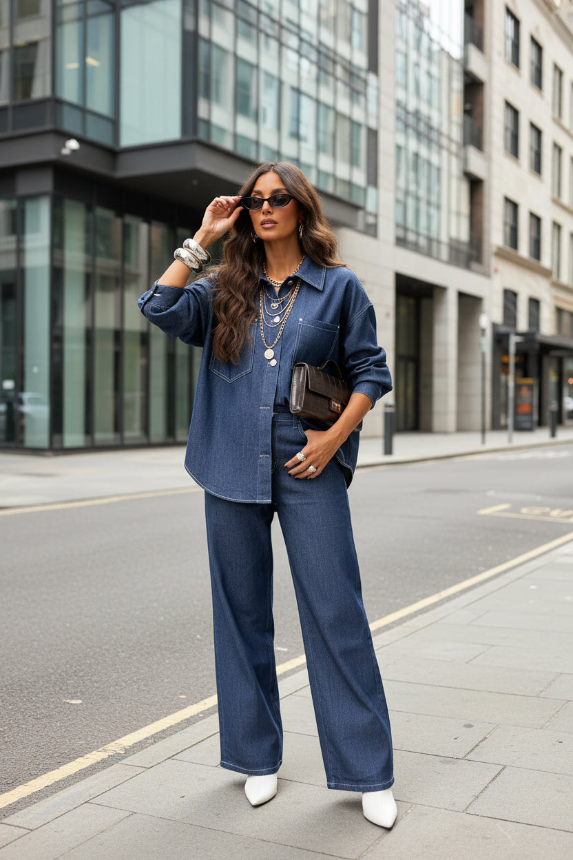 Women Clothing Personality Street Casual Slim Fit Shacket Denim Two Piece Sets - Modestly Vogue 