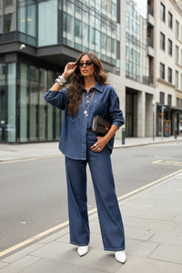 Women Clothing Personality Street Casual Slim Fit Shacket Denim Two Piece Sets - Modestly Vogue 