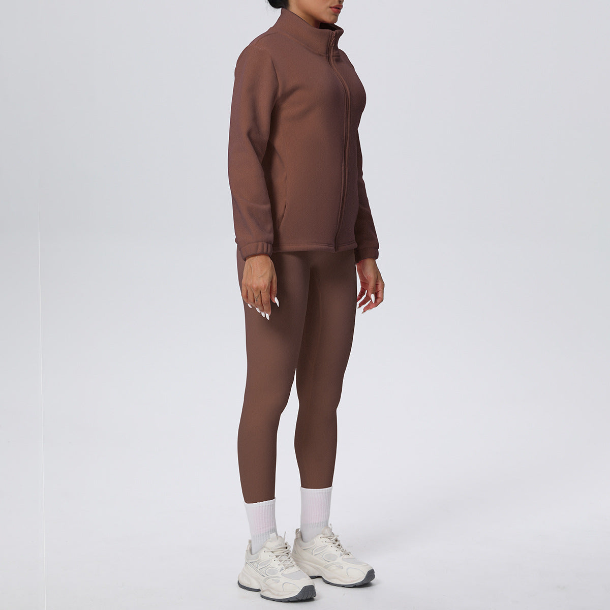 Women’s High Waist Yoga Suit with Long Sleeve Fleece Zipper Coat