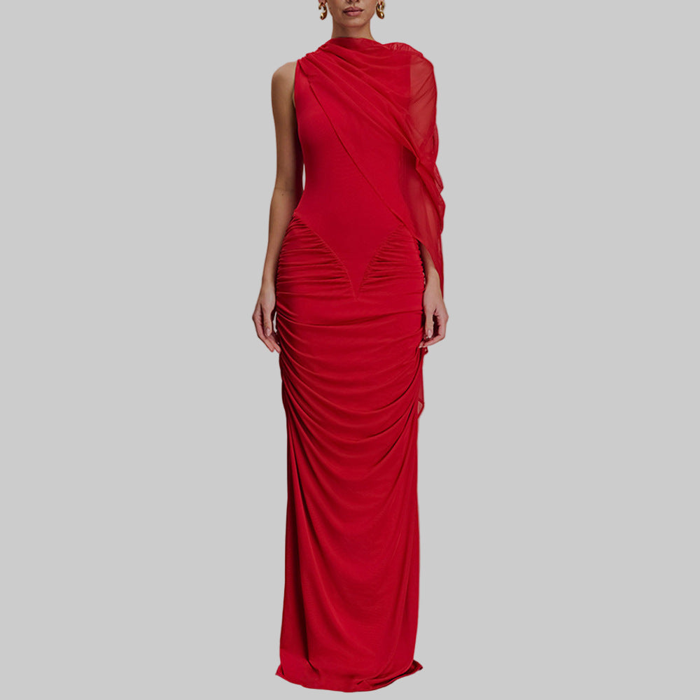 Fashionable Pleated Mesh Shawl Dress Sheath