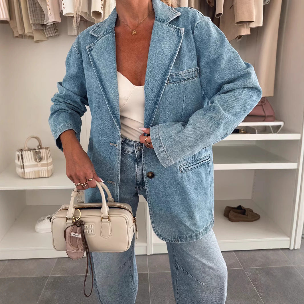 Casual Loose Washed out Blue Denim Women Blazer - Modestly Vogue 