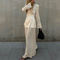 High Grade Satin Office Suit Women Elegant V neck Long Sleeve Tied Top Loose Wide Leg Pants Two Piece Set - Modestly Vogue 