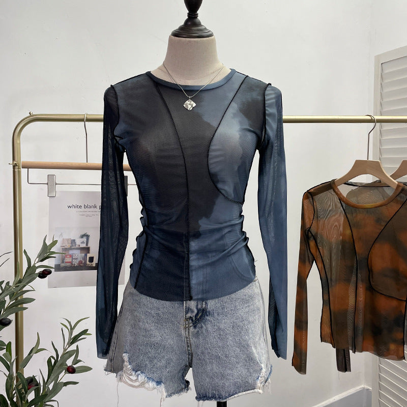 Earthtone Sunset Blooming Stretch Mesh Slim Fit Bottoming Shirt Bandage Top
