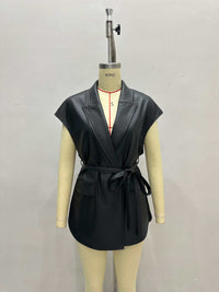 Collar Leather High Grade Sleeveless Lace up Waist Double Pocket Velvet Vest Jacket Coat - Modestly Vogue 