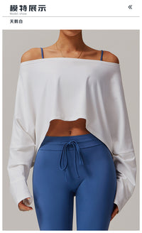 Off Shoulder Cropped Batwing Sleeve Long Sleeve Yoga Top - Modestly Vogue 