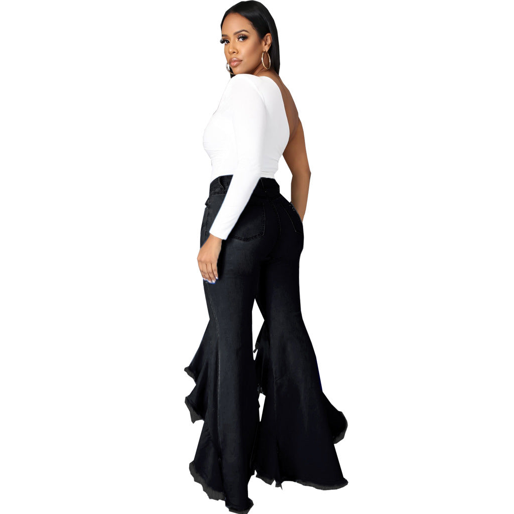 Ripped Washed Denim Stretch Slim Bell Bottom Jeans - Modestly Vogue 