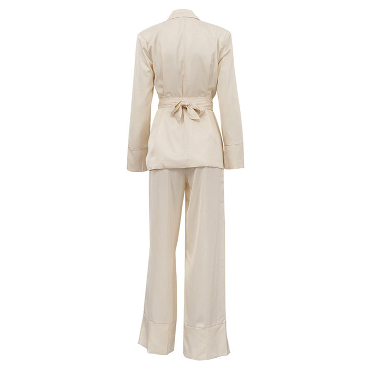 High Grade Satin Office Suit Women Elegant V neck Long Sleeve Tied Top Loose Wide Leg Pants Two Piece Set - Modestly Vogue 