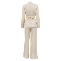High Grade Satin Office Suit Women Elegant V neck Long Sleeve Tied Top Loose Wide Leg Pants Two Piece Set - Modestly Vogue 