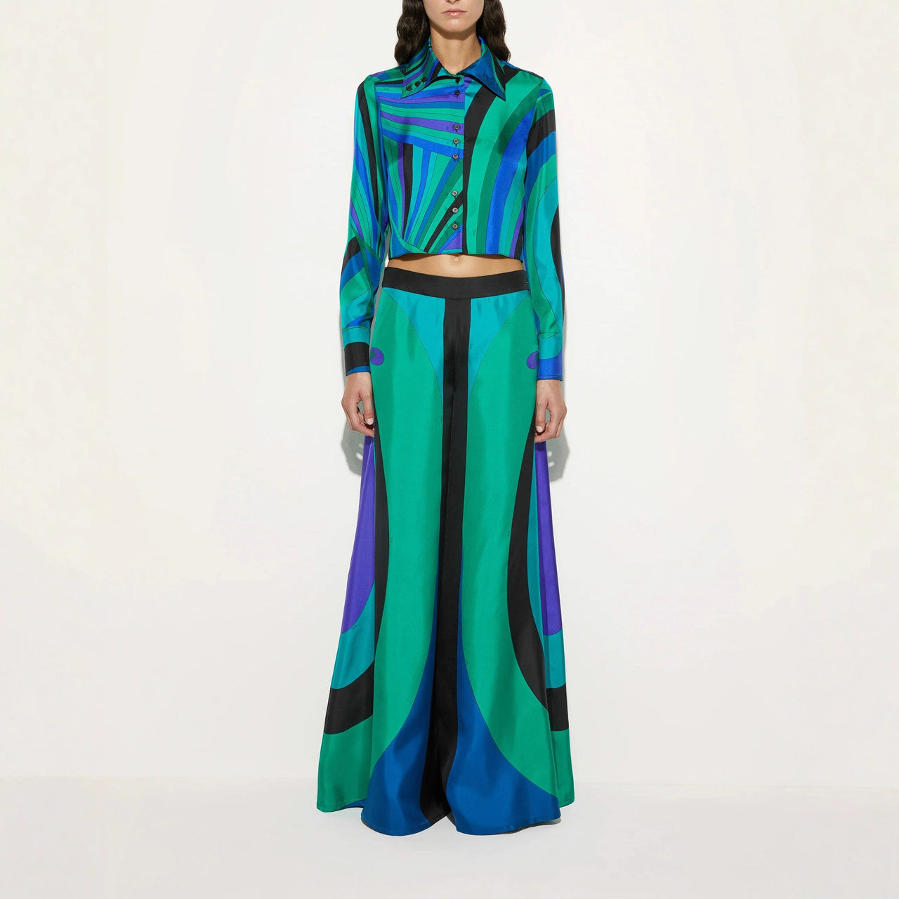 Blue and Green Multicolored Pucci Print Two Piece Pant Set - Modestly Vogue 