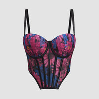 Mesh Floral Print Steel Ring Boning Corset Short Strapless Vest Underwear Sexy Spaghetti Straps Slimming - Modestly Vogue 