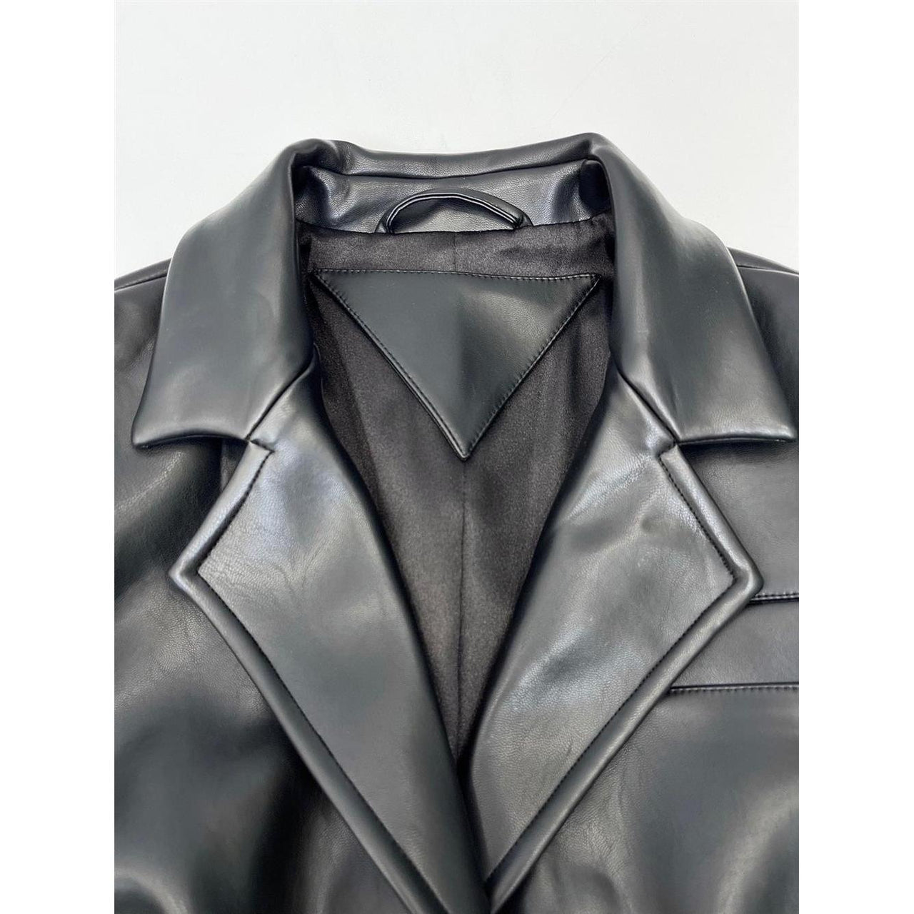 Black  Design Model Faux Leather Jacket Patchwork Knitted Super Tight Waist Contour - Modestly Vogue 